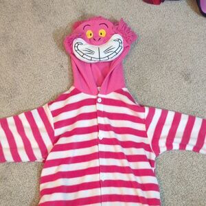Cheshire Cat Pink Striped One Piece PJs, Size 12, Hooded Cozy Pajamas